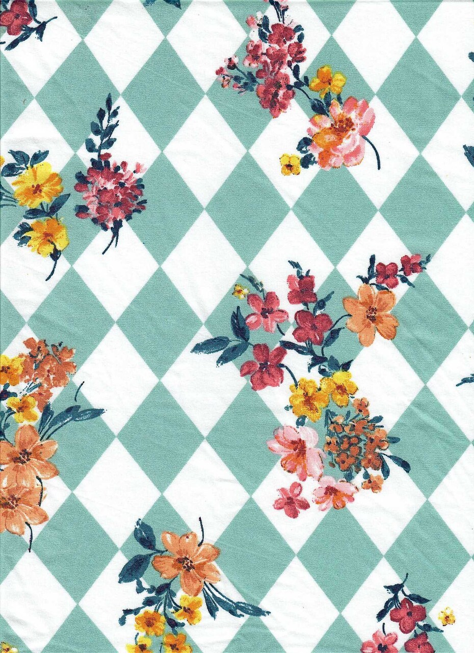 1 Yard Sage Light Argyle Floral DTY Knit Fabric Soft Stretch 58/60"Wide Ideal For Clothing